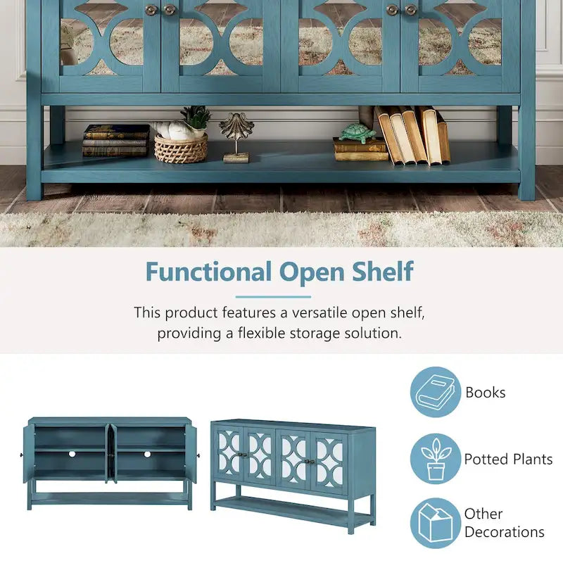 Élégante console/meuble de rangement/buffet rétro avec portes miroir, étagères spacieuses et pieds robustes en bois d'acacia.