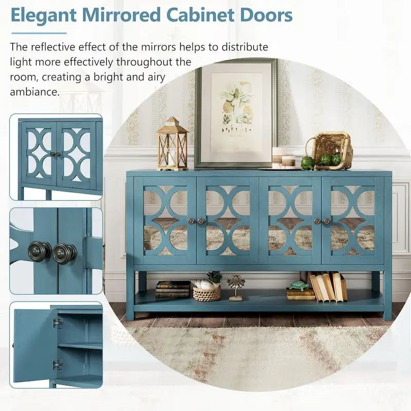 Élégante console/meuble de rangement/buffet rétro avec portes miroir, étagères spacieuses et pieds robustes en bois d'acacia.