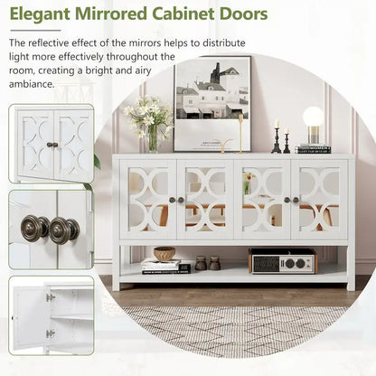 Élégante console/meuble de rangement/buffet rétro avec portes miroir, étagères spacieuses et pieds robustes en bois d'acacia.