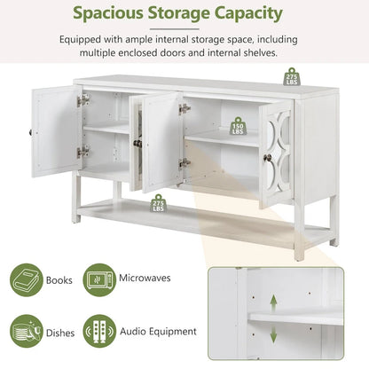 Élégante console/meuble de rangement/buffet rétro avec portes miroir, étagères spacieuses et pieds robustes en bois d'acacia.