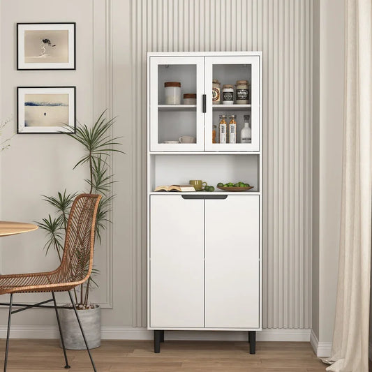 Tall Storage Show Cabinet with 2 Glass Display Door & 2 Doors, Modern Cabinet Freestanding for Bathroom, Dining Living Room