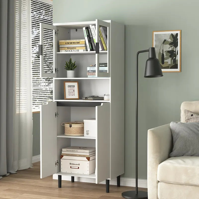 Vitrine haute de rangement avec 2 portes vitrées et 2 portes, meuble moderne autoportant pour salle de bain, salle à manger ou salon.