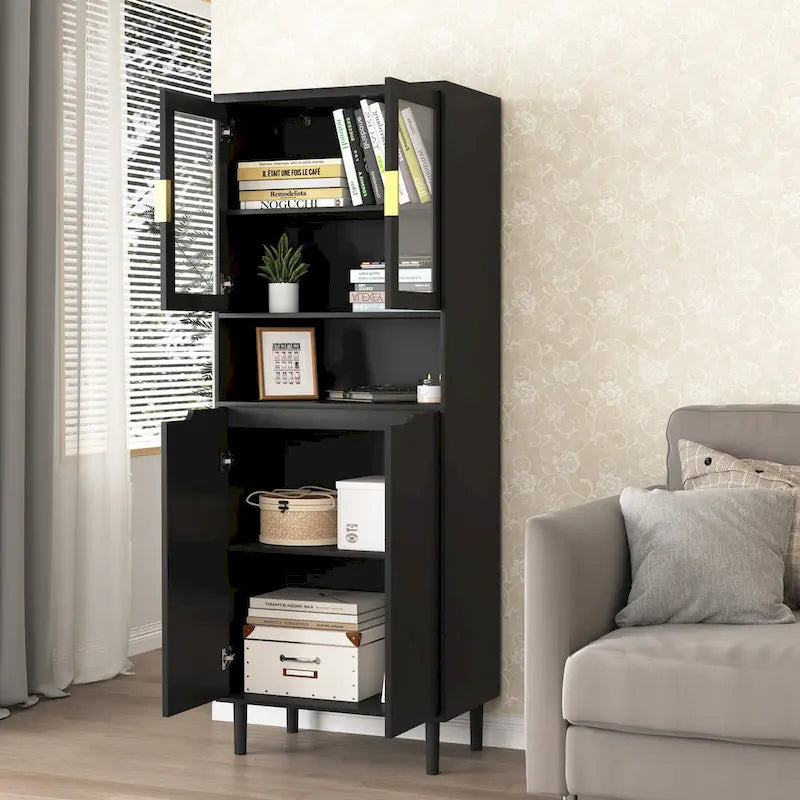 Vitrine haute de rangement avec 2 portes vitrées et 2 portes, meuble moderne autoportant pour salle de bain, salle à manger ou salon.