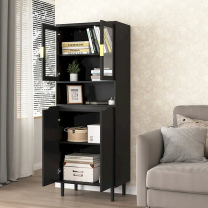 Vitrine haute de rangement avec 2 portes vitrées et 2 portes, meuble moderne autoportant pour salle de bain, salle à manger ou salon.