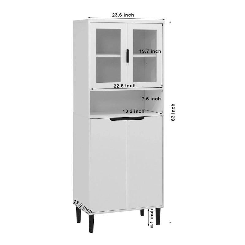 Vitrine haute de rangement avec 2 portes vitrées et 2 portes, meuble moderne autoportant pour salle de bain, salle à manger ou salon.