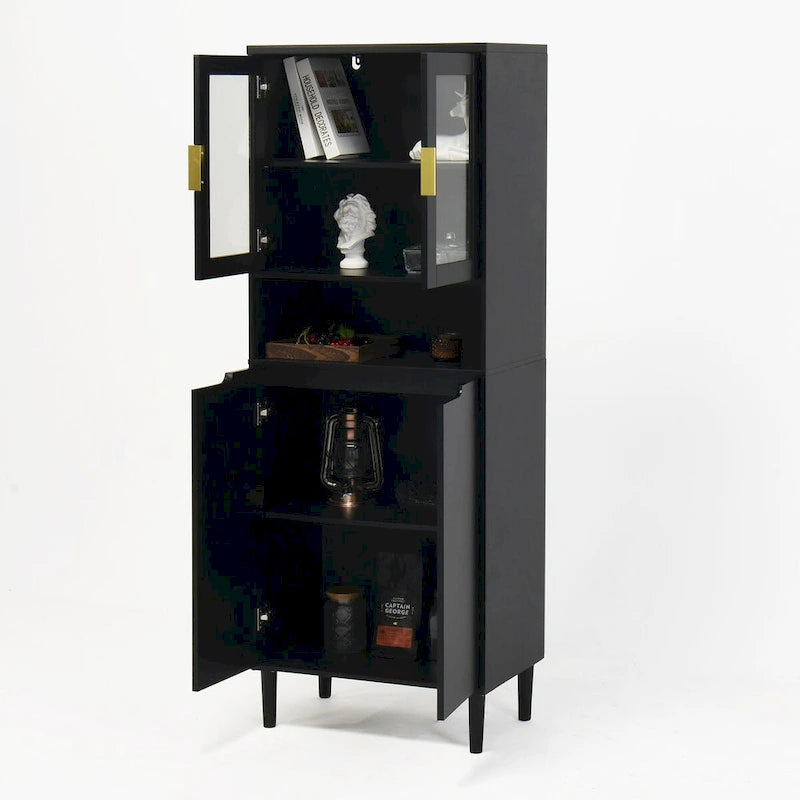 Vitrine haute de rangement avec 2 portes vitrées et 2 portes, meuble moderne autoportant pour salle de bain, salle à manger ou salon.