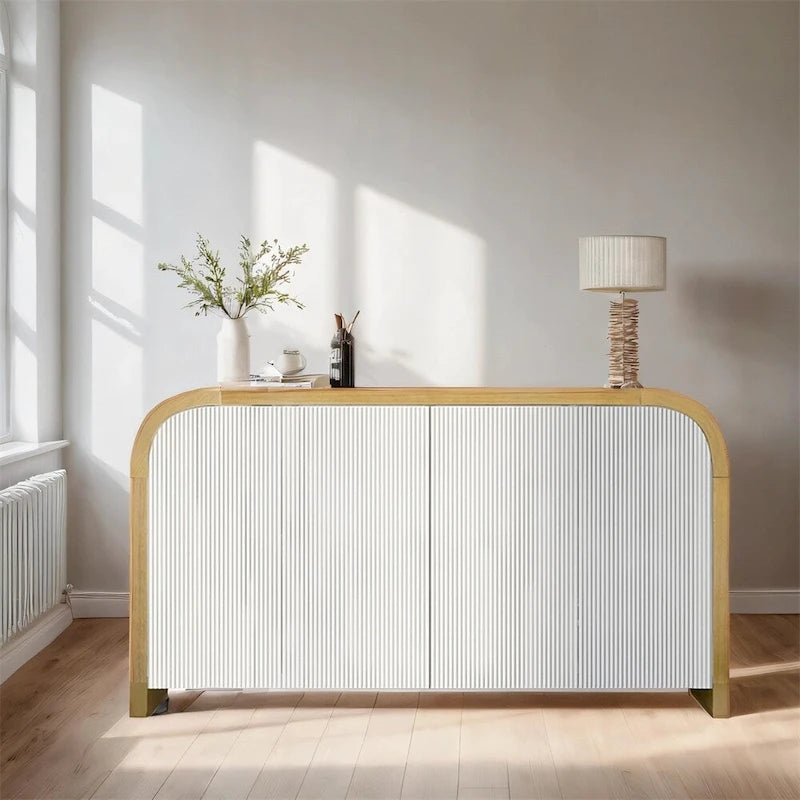 Wood Curved Corner Cabinet with Adjustable Shelves and 4 Door