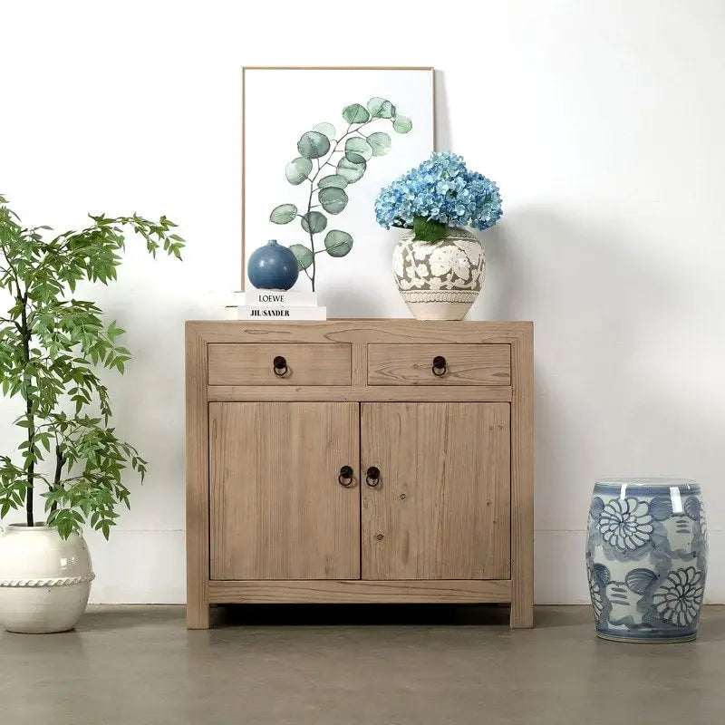 Meuble à deux tiroirs en pin massif naturel vieilli