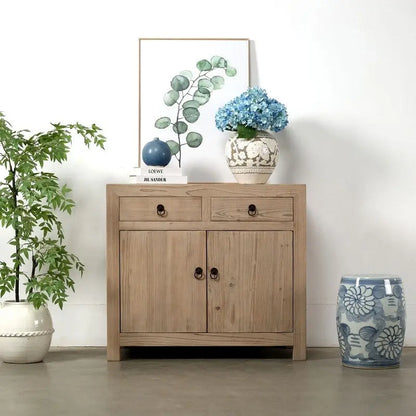 Meuble à deux tiroirs en pin massif naturel vieilli