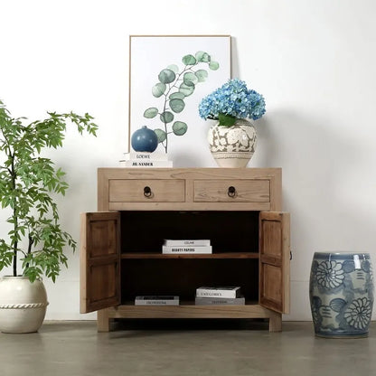 Meuble à deux tiroirs en pin massif naturel vieilli