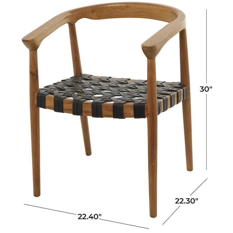 Chaise de salle à manger en teck tressé à la main avec accoudoirs - Brun ou brun foncé - Roche River Decor