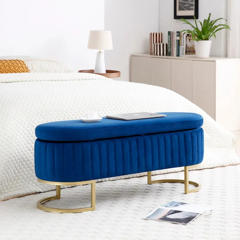 Banc de rangement pour chambre à coucher, banc ovale en velours capitonné de bout de lit avec pieds en métal doré, pouf de rangement de 50 cm