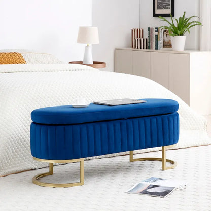 Banc de rangement pour chambre à coucher, banc ovale en velours capitonné de bout de lit avec pieds en métal doré, pouf de rangement de 50 cm
