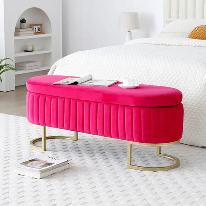 Banc de rangement pour chambre à coucher, banc ovale en velours capitonné de bout de lit avec pieds en métal doré, pouf de rangement de 50 cm