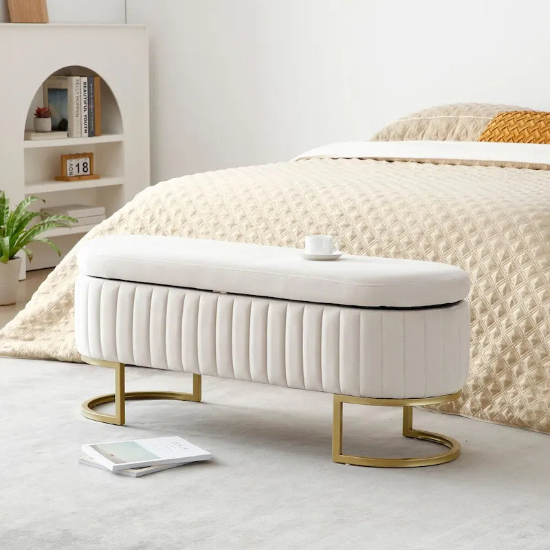 Banc de rangement pour chambre à coucher, banc ovale en velours capitonné de bout de lit avec pieds en métal doré, pouf de rangement de 50 cm