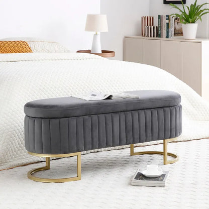 Banc de rangement pour chambre à coucher, banc ovale en velours capitonné de bout de lit avec pieds en métal doré, pouf de rangement de 50 cm