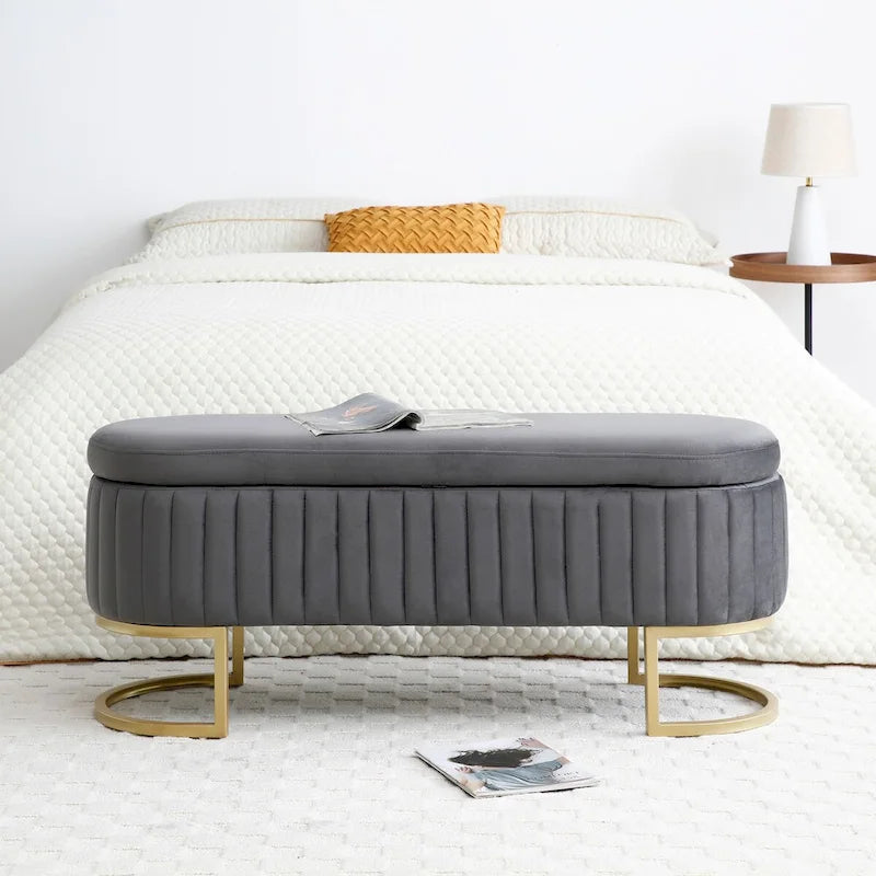 Banc de rangement pour chambre à coucher, banc ovale en velours capitonné de bout de lit avec pieds en métal doré, pouf de rangement de 50 cm