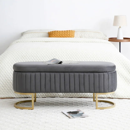 Banc de rangement pour chambre à coucher, banc ovale en velours capitonné de bout de lit avec pieds en métal doré, pouf de rangement de 50 cm