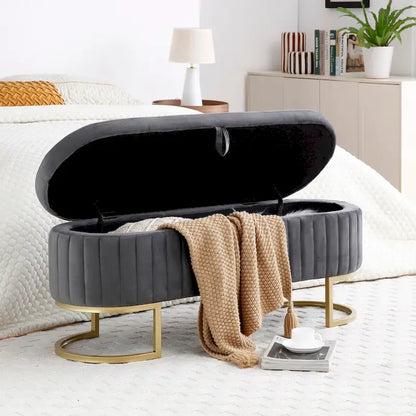 Banc de rangement pour chambre à coucher, banc ovale en velours capitonné de bout de lit avec pieds en métal doré, pouf de rangement de 50 cm