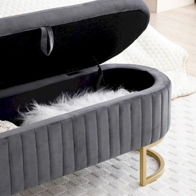 Banc de rangement pour chambre à coucher, banc ovale en velours capitonné de bout de lit avec pieds en métal doré, pouf de rangement de 50 cm