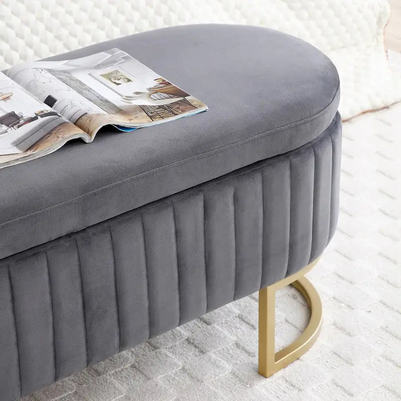 Banc de rangement pour chambre à coucher, banc ovale en velours capitonné de bout de lit avec pieds en métal doré, pouf de rangement de 50 cm