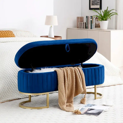 Banc de rangement pour chambre à coucher, banc ovale en velours capitonné de bout de lit avec pieds en métal doré, pouf de rangement de 50 cm