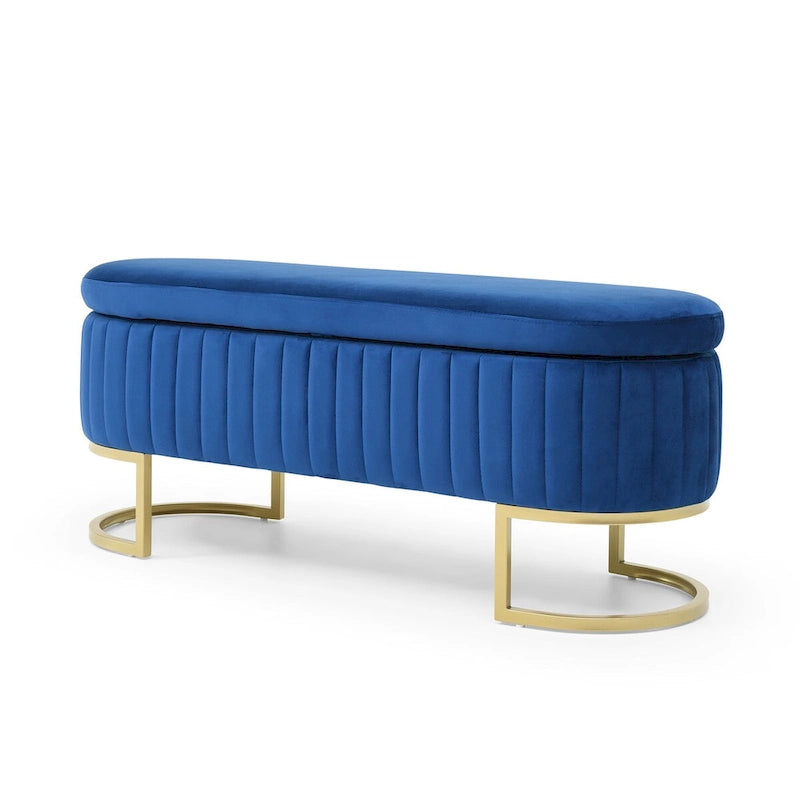 Banc de rangement pour chambre à coucher, banc ovale en velours capitonné de bout de lit avec pieds en métal doré, pouf de rangement de 50 cm