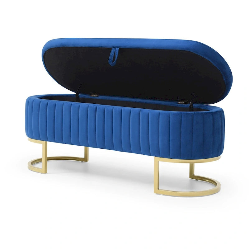 Banc de rangement pour chambre à coucher, banc ovale en velours capitonné de bout de lit avec pieds en métal doré, pouf de rangement de 50 cm