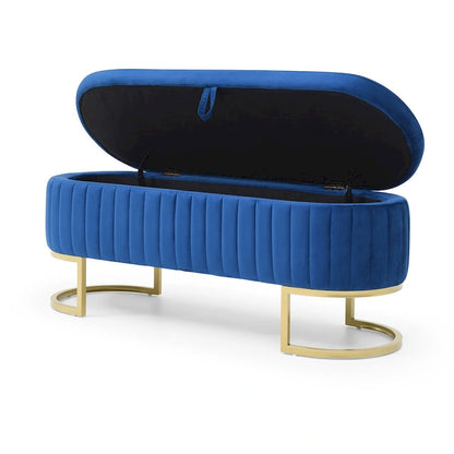 Banc de rangement pour chambre à coucher, banc ovale en velours capitonné de bout de lit avec pieds en métal doré, pouf de rangement de 50 cm
