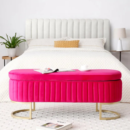 Banc de rangement pour chambre à coucher, banc ovale en velours capitonné de bout de lit avec pieds en métal doré, pouf de rangement de 50 cm