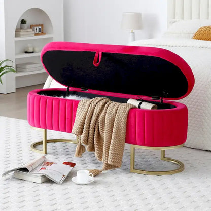Banc de rangement pour chambre à coucher, banc ovale en velours capitonné de bout de lit avec pieds en métal doré, pouf de rangement de 50 cm