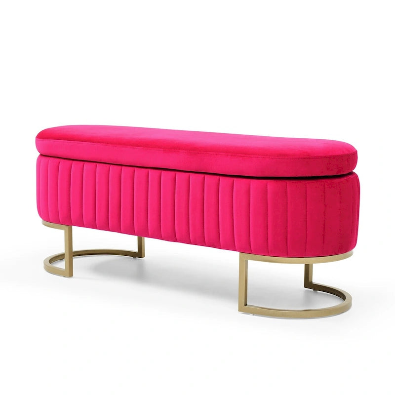 Banc de rangement pour chambre à coucher, banc ovale en velours capitonné de bout de lit avec pieds en métal doré, pouf de rangement de 50 cm