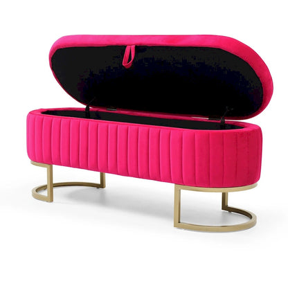 Banc de rangement pour chambre à coucher, banc ovale en velours capitonné de bout de lit avec pieds en métal doré, pouf de rangement de 50 cm