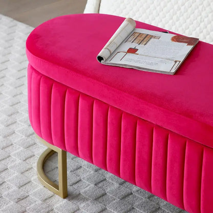 Banc de rangement pour chambre à coucher, banc ovale en velours capitonné de bout de lit avec pieds en métal doré, pouf de rangement de 50 cm
