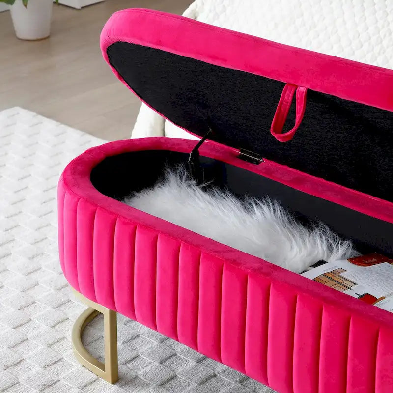 Banc de rangement pour chambre à coucher, banc ovale en velours capitonné de bout de lit avec pieds en métal doré, pouf de rangement de 50 cm