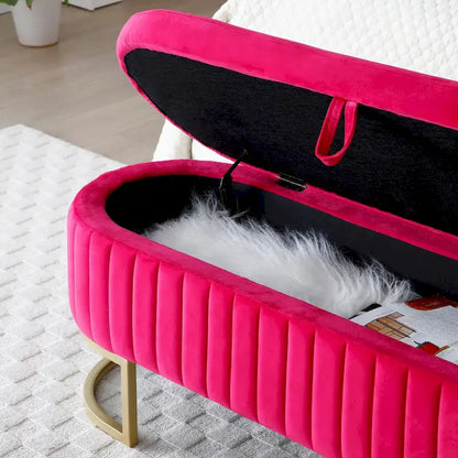 Banc de rangement pour chambre à coucher, banc ovale en velours capitonné de bout de lit avec pieds en métal doré, pouf de rangement de 50 cm