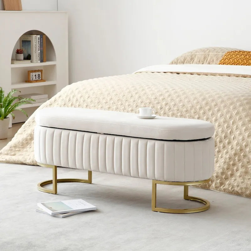 Banc de rangement pour chambre à coucher, banc ovale en velours capitonné de bout de lit avec pieds en métal doré, pouf de rangement de 50 cm