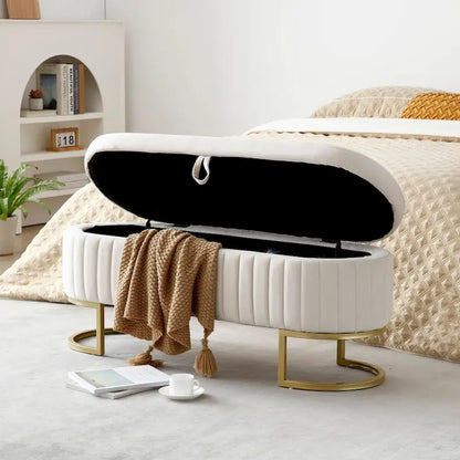 Banc de rangement pour chambre à coucher, banc ovale en velours capitonné de bout de lit avec pieds en métal doré, pouf de rangement de 50 cm