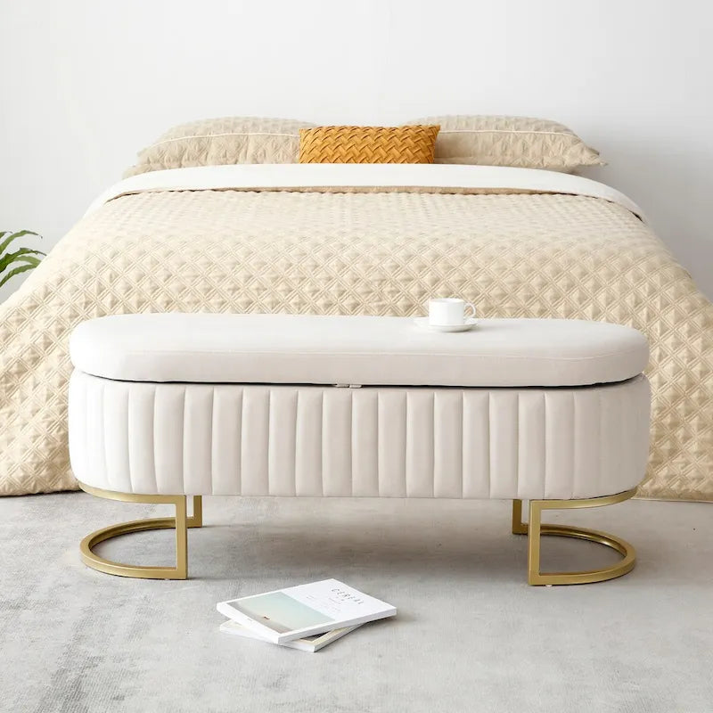Banc de rangement pour chambre à coucher, banc ovale en velours capitonné de bout de lit avec pieds en métal doré, pouf de rangement de 50 cm