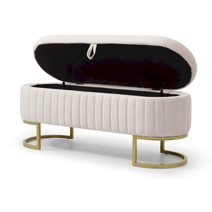 Banc de rangement pour chambre à coucher, banc ovale en velours capitonné de bout de lit avec pieds en métal doré, pouf de rangement de 50 cm