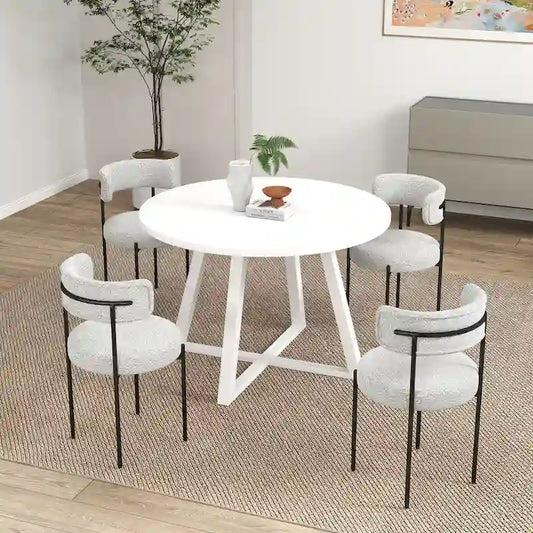 Durban 5-Piece Round Dining Set, Trestle Dining Table with 4 Boucle Chairs for Breakfast Nook, Kitchen, Living Room