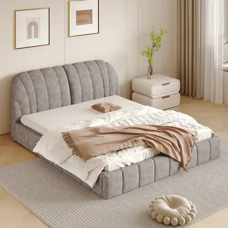 Lit plateforme rembourré Queen Size avec tête de lit en tissu épais